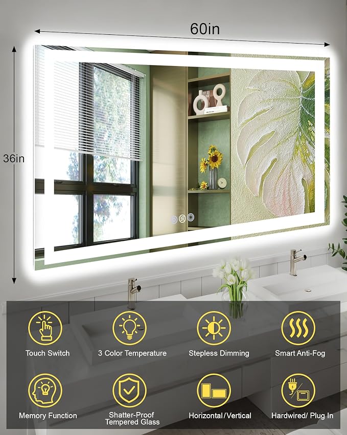 60x36 LED Bathroom Mirror with Lights, Super Bright Front & Backlit Vanity - Image 6