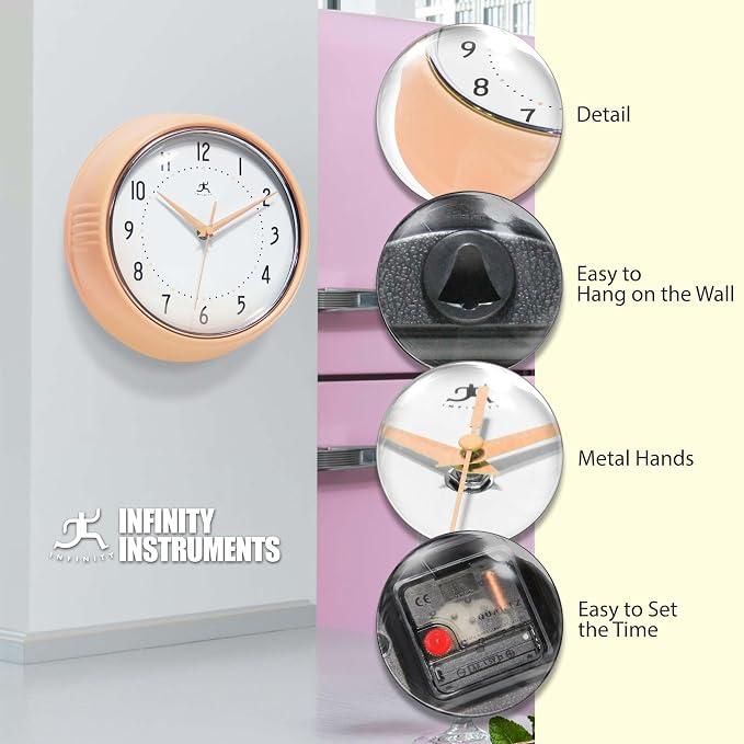 Infinity Instruments Retro 9.5 Inch Round Indoor Wall Clock, Peach Fuzz - Image 6