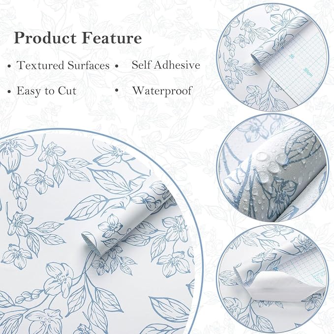 Ismoon Peel and Stick Wallpaper Blue and White Contact Paper Modern Flroal Wall - Image 2