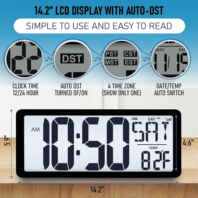 TXL Atomic Clock with Backlight, 14.2" Large Digital Wall Clock Battery Operated - Image 4