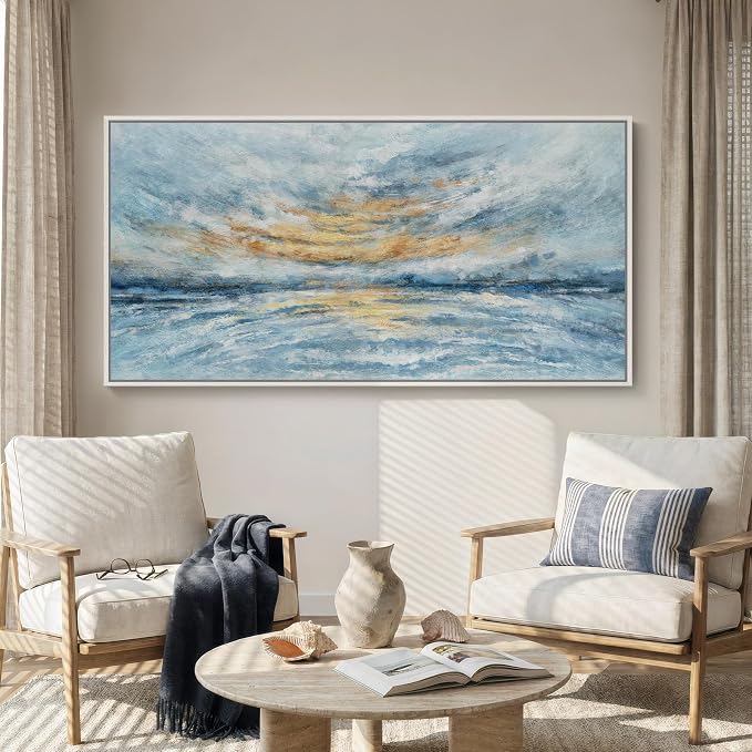 Extra Large Framed Blue Gold Abstract Wall Art - Image 3