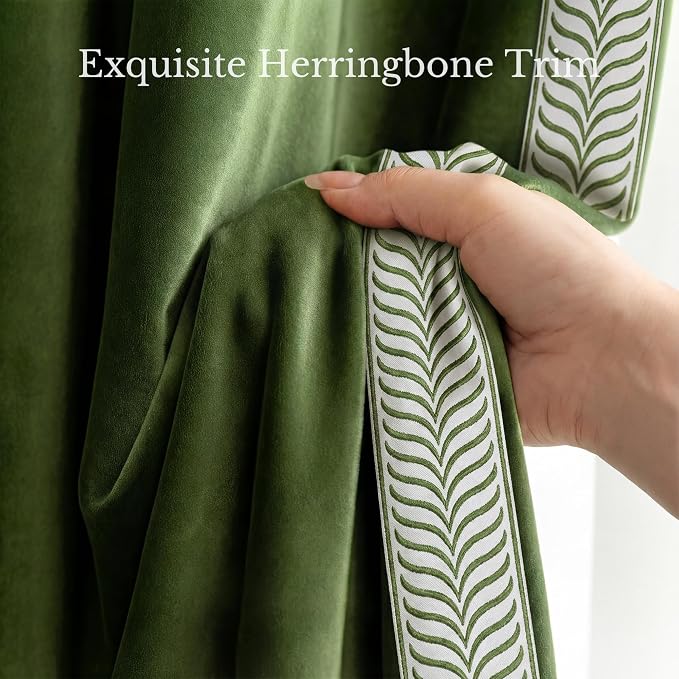 NICETOWN Rod Pocket Embroidered Trim Velvet Curtains, 2 Panels, Olive Green - Image 2