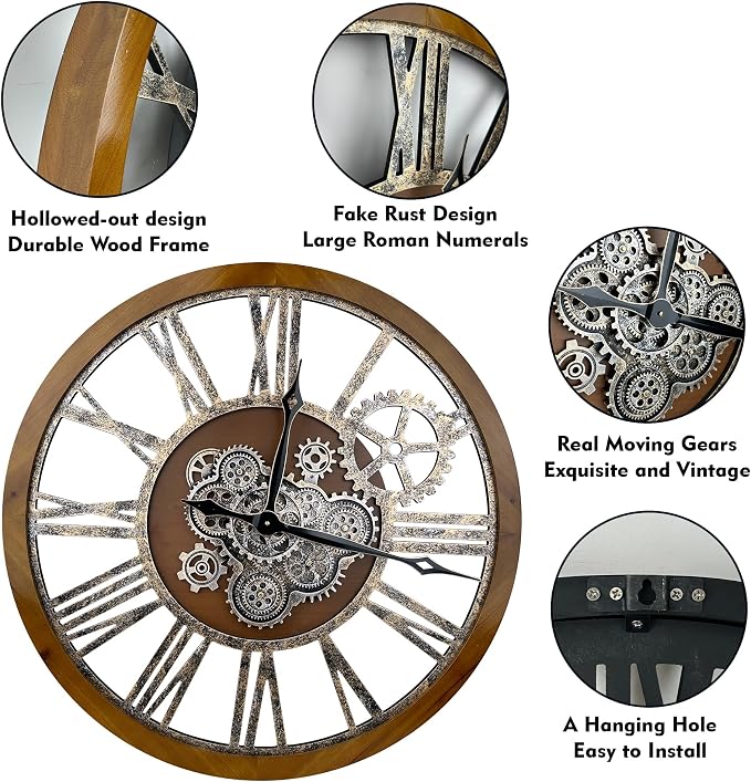 The B-Style Large Real Moving Gears Wall Clock 30 inch Rustic Retro Industrial - Image 2
