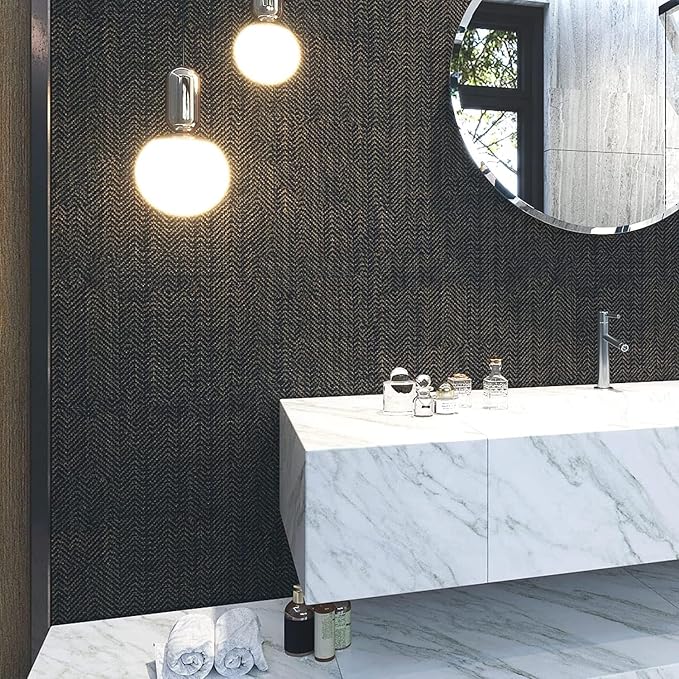 FunStick 24"x394" Black and Gold Grasscloth Peel and Stick Wallpaper Textured - Image 2