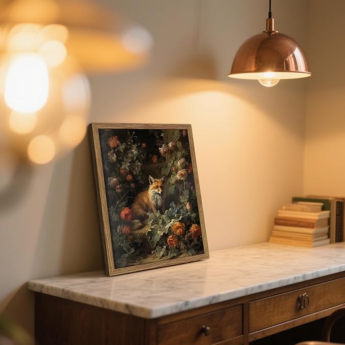 Framed Dark Academia Fox Canvas Wall Art, Sitting Fox Surrounded by Flowers - Image 6