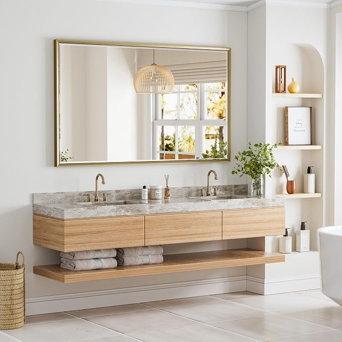 60 x 36 Gold Bathroom Mirror, Brushed Gold Beveled Bathroom Mirror, - Image 6