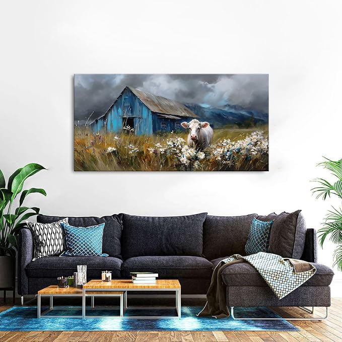 Rustic Farmhouse Wall Art Cow and Blue Barn Canvas Pictures Country Landscape - Image 5