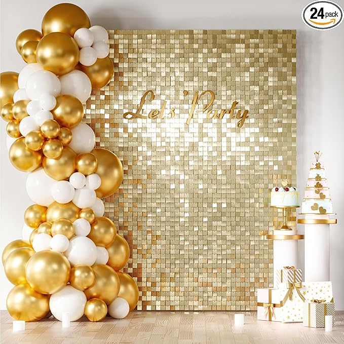 COKAOBE Light Gold Shimmer Wall Backdrop 24PCS Gold Sequins Backdrop Decoration by COKAOBE