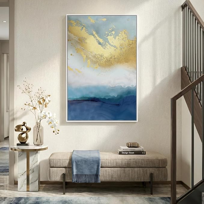 Large Framed Blue Gold Abstract Wall Art, Modern Vertical Canvas Prints - Image 6