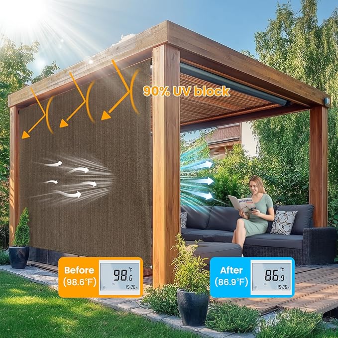 Custom Size Mocha Patio Shades Roll up Outdoor Roller Shade Crank Wand Blind - Image 2