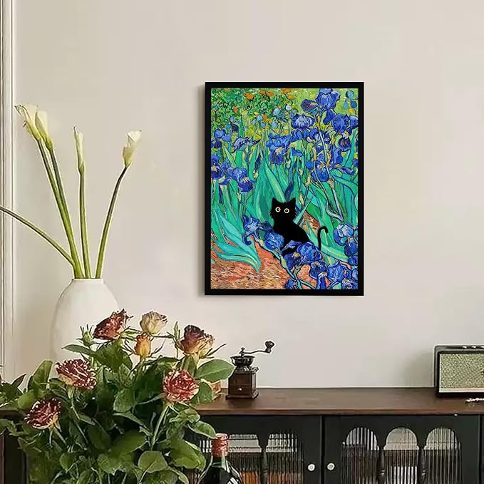 Fantasy Artists Van Gogh Irises Cat Wall Art, Framed Vintage Garden Canvas Wall - Image 4