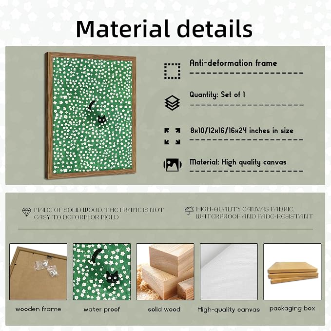 Framed Floral Black Cat Canvas Wall Art, Cute Black Cat in Daisy Field Painting - Image 5