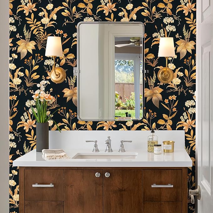 Simon&Siff Vintage Wallpaper Peel and Stick Black Gold Floral Wallpaper - Image 6
