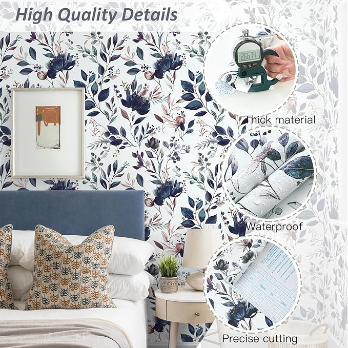 Yasinet Navy Blue Peel and Stick Wallpaper Blue Floral Wallpaper Vintage - Image 3