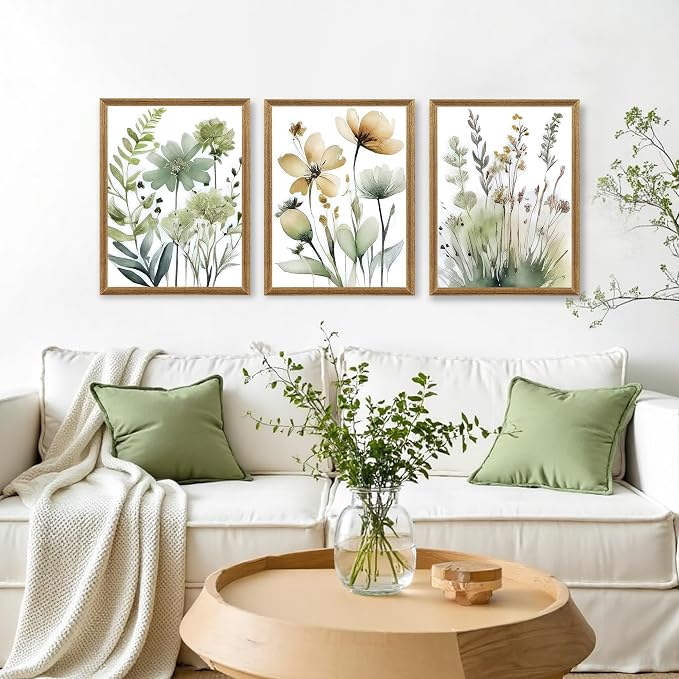 SYWENNOI Wood Framed Green Botanical Canvas Wall Art, Boho Floral Watercolor - Image 3