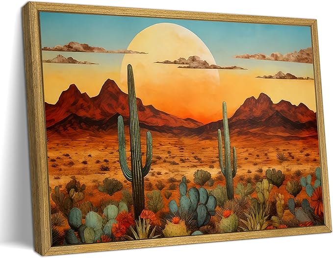 Framed Western Desert Sunset Cactus Wall Art, Vintage Southwest Nature by Unknown