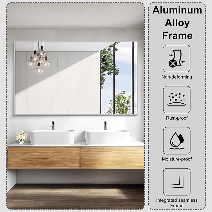 KOCUUY Silver Bathroom Mirror, HD Tempered Glass, Anti-Rust Brushed Silver Frame - Image 7