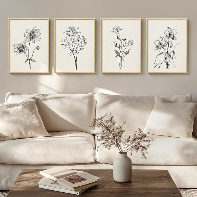 Framed Minimalist Black and White Floral Wall Art, 4 Piece Neutral Rustic by Cuspin