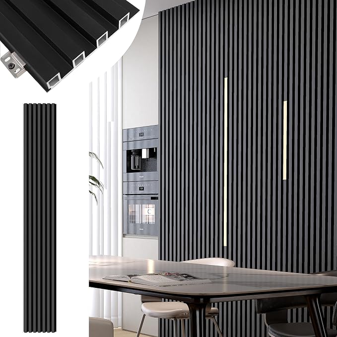 Wood Slat Wall Panels 8 Pack 96x6.3in Modern Black WPC Panels by Monivi