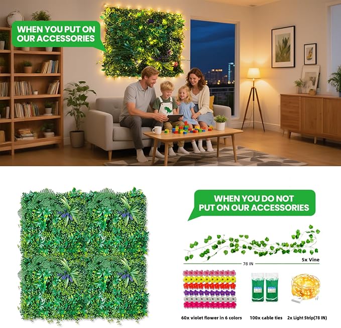 Artificial Grass Wall Panels for Indoor Outdoor, 16 Pack 20"x20", Boxwood Panels - Image 2