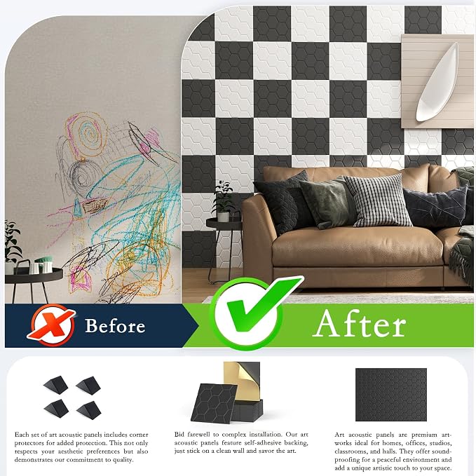 12Pack Acoustic Wall Panels, Honeycomb Self-Adhesive Sound Proof Foam Panels - Image 6