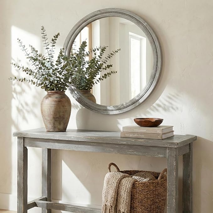 30 Inch Round Farmhouse Mirror for Bathroom Vanity, Distressed Grey Solid Wood - Image 2