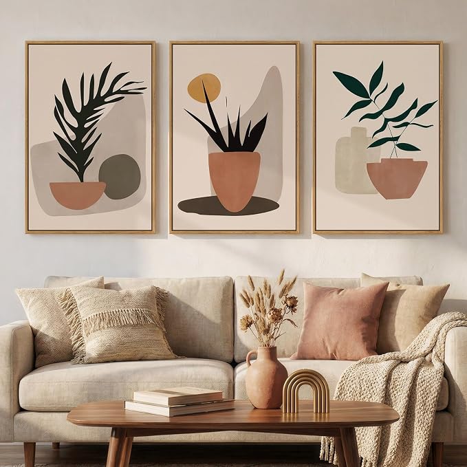 Framed Boho Botanical Canvas Wall Art Prints, Elegant Boho Plant Pictures by Cuspin