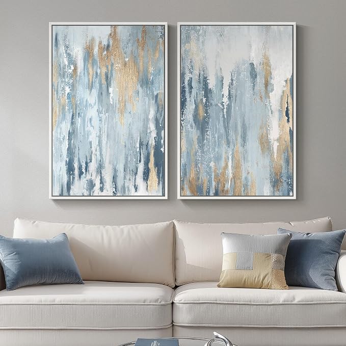 Large White Framed Blue and Gold Abstract Canvas Wall Art by Cuspin