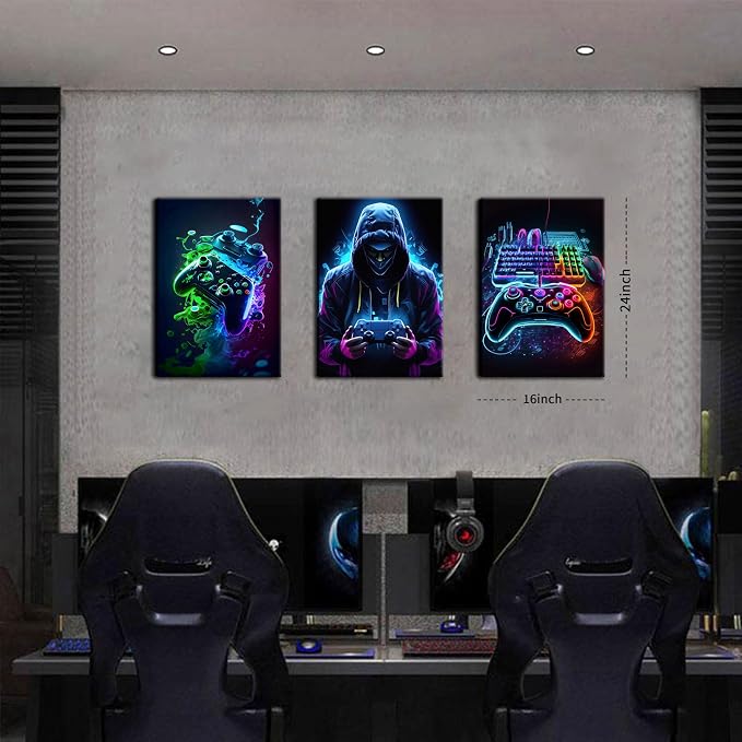 BGFCE Cool Gaming Canvas Wall Art Set of 3, Retro Video Game Watercolor Poster - Image 3
