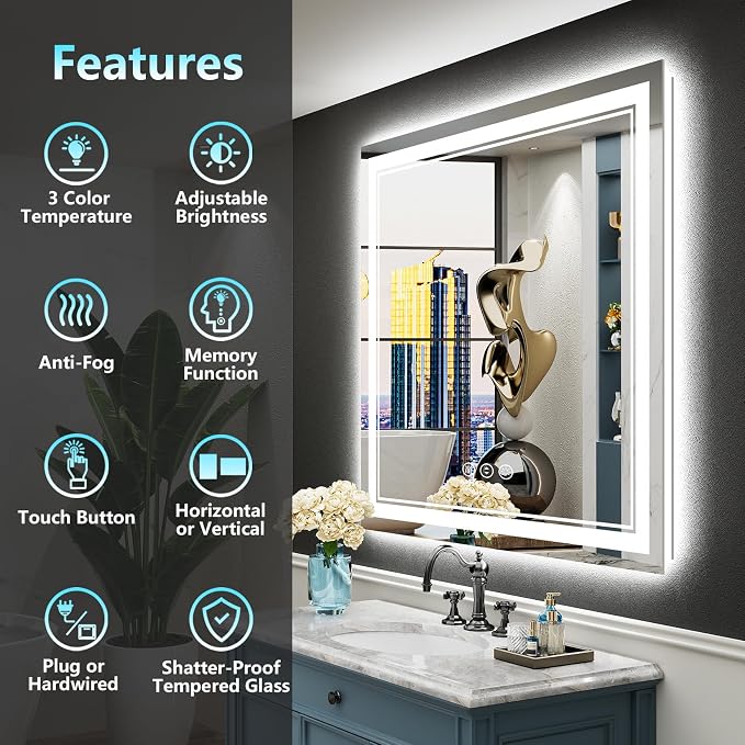 36x36 LED Bathroom Mirror with Lights, Backlit and Front Lit Anti-Fog Lighted - Image 2