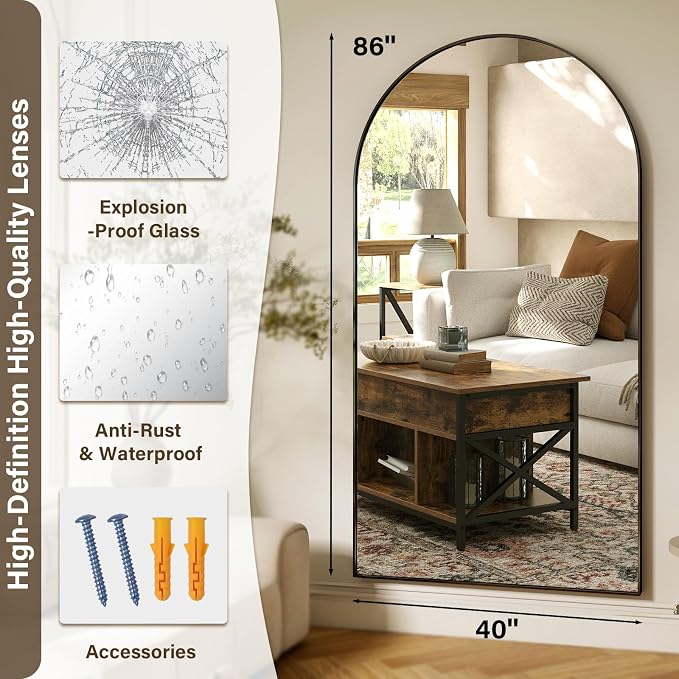 XRAMFY 86"x40" Arched Full Length Mirror Floor Mirrors - Image 4
