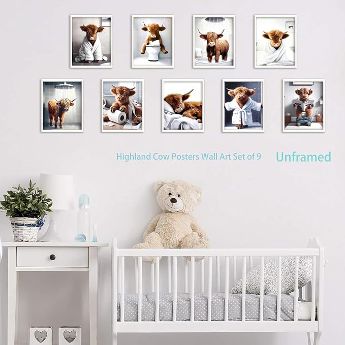 SEHSUVC Funny Bathroom Cow Posters Wall Art Set of 9, Vintage Brown Highland - Image 2