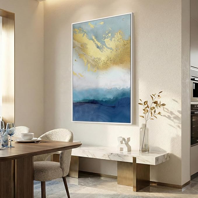 Large Framed Blue Gold Abstract Wall Art, Modern Vertical Canvas Prints - Image 2