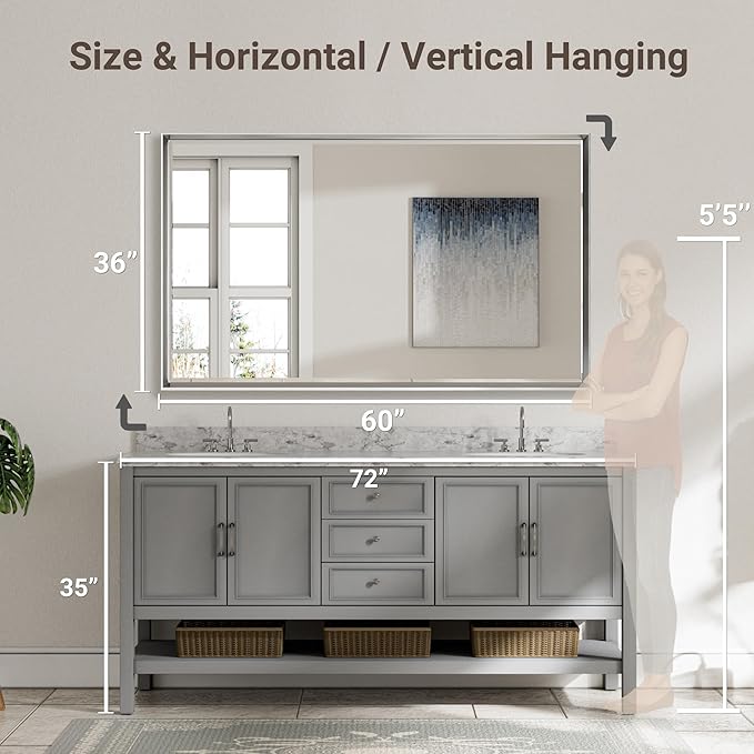 60'' x 36'' Large Beveled Silver Bathroom Vanity Mirror, Shatterproof Rectangle - Image 2
