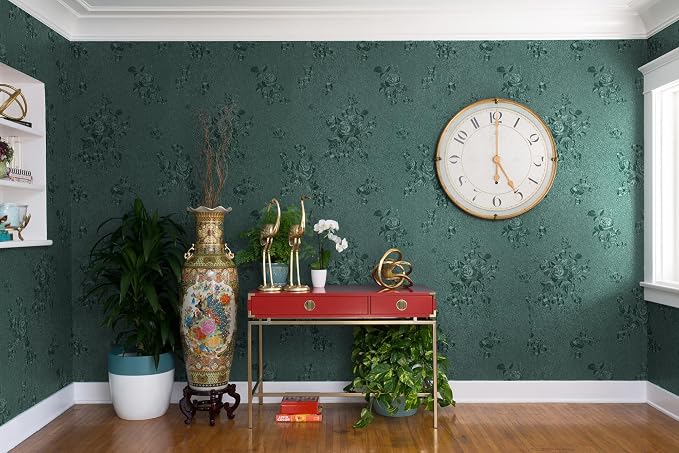 Erfoni 394"x17.7" Dark Green Floral Embossed Wallpaper - Image 6