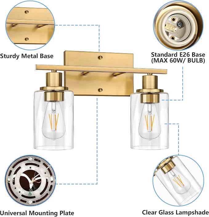ShineTech 2-Light Gold Bathroom Vanity Fixtures, Modern Wall Lighting - Image 8