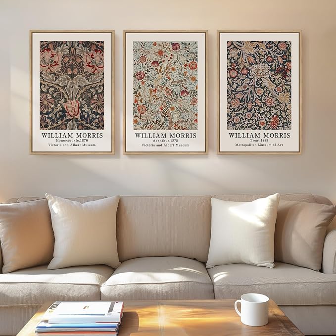 Framed William Morris Canvas Wall Art Set of 3, Vintage Boho Floral Paintings by Cuspin