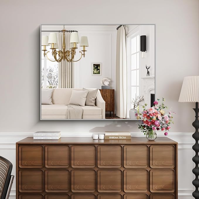 KOCUUY Silver Framed Mirror, HD Tempered Glass, Anti-Rust Brushed Silver Frame - Image 3
