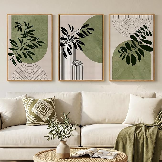 Framed Boho Botanical Wall Art for Living Room, 3 Piece Modern Green Bohemian by Cuspin