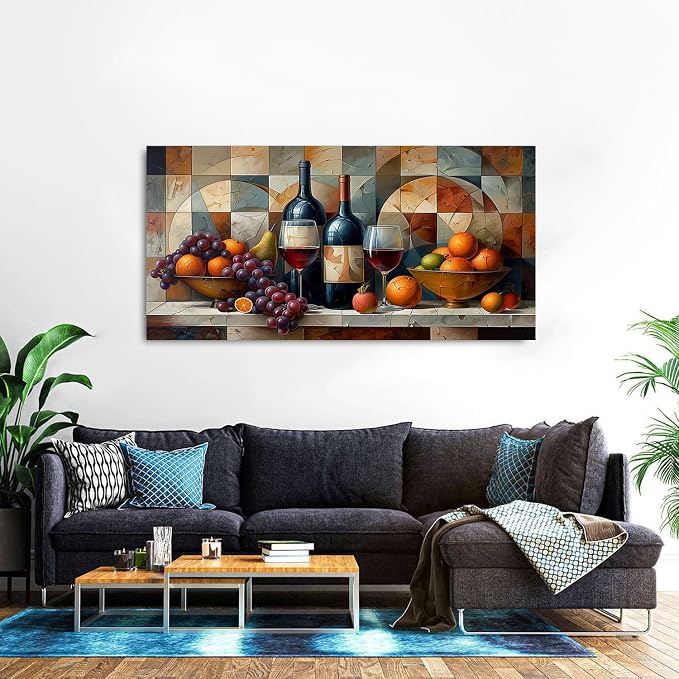 Geometric Kitchen Wall Art Abstract Wine Canvas Prints Red Wine Glass and Fruit - Image 6