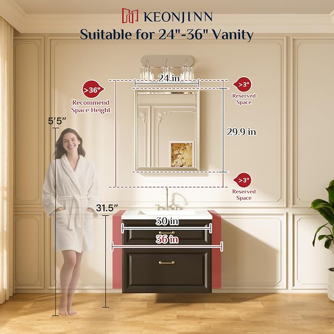 Keonjinn Brushed Gold Bathroom Mirror 24" x 30", Beveled Edge Tempered Glass - Image 5