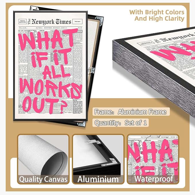 Drimiler Retro Newspaper Pink Font Poster What If It All Works Out Canvas Wall - Image 2