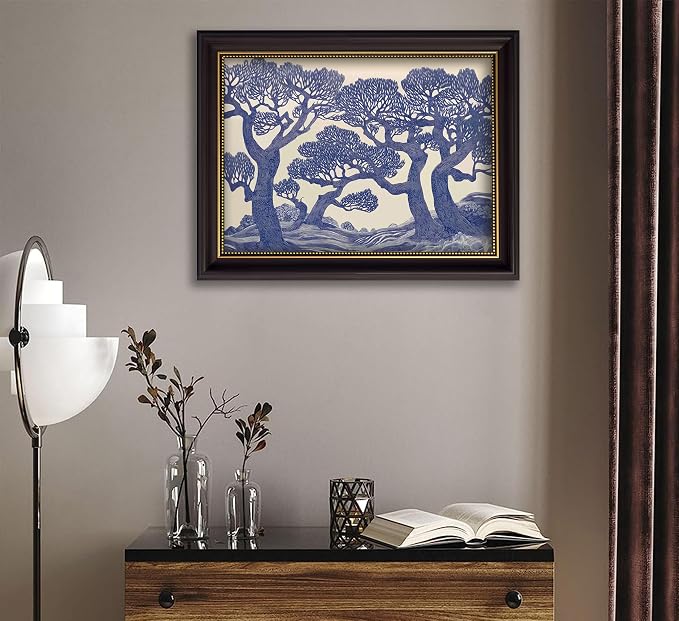 Vintage Gold Framed Wall Art Oak Tree Forest Painting Canvas Prints Blue - Image 2