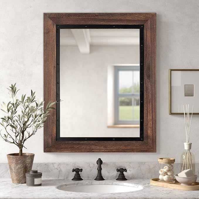 YOSHOOT Rustic Wooden Framed Wall Mirror, Natural Wood and Iron Bathroom Vanity - Image 2