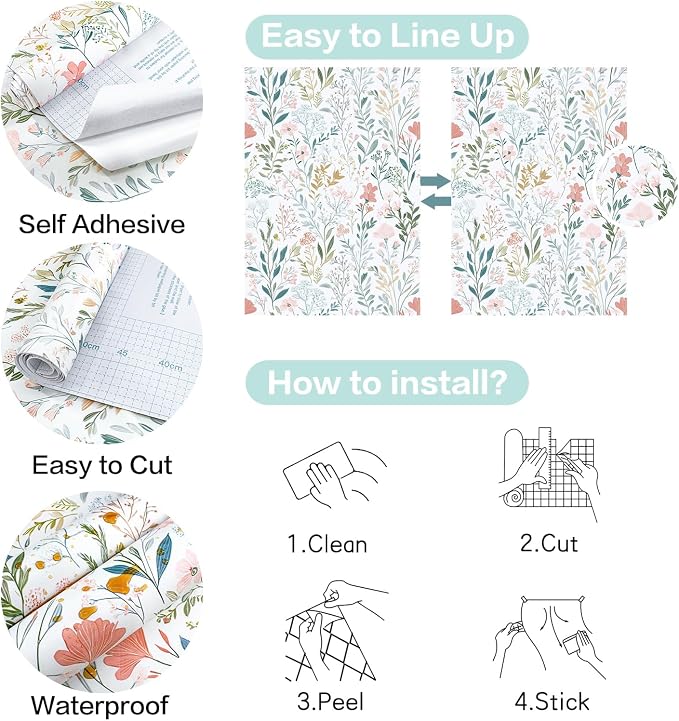 Froluya Floral Peel and Stick Wallpaper Boho Floral Contact Paper 16.9" x - Image 5