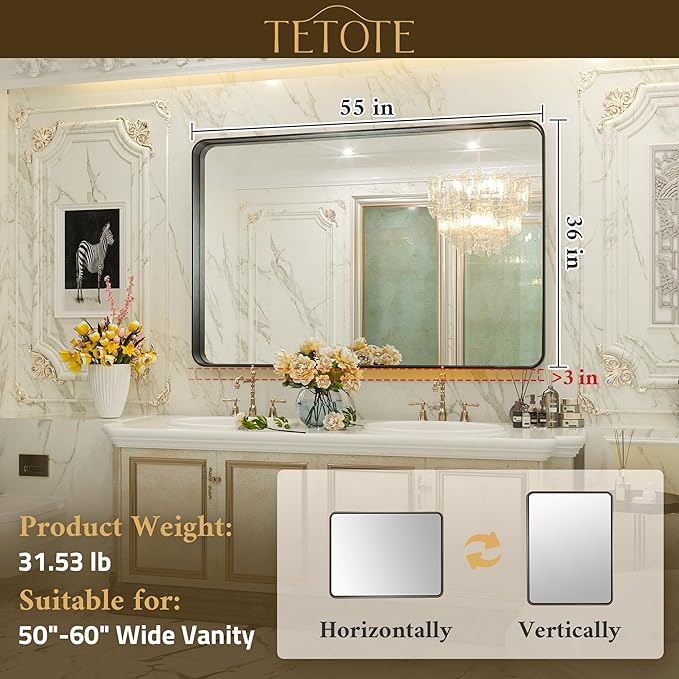 TETOTE Black Bathroom Mirror, 55 x 36 Inch Matte Metal Frame Modern Farmhouse - Image 6