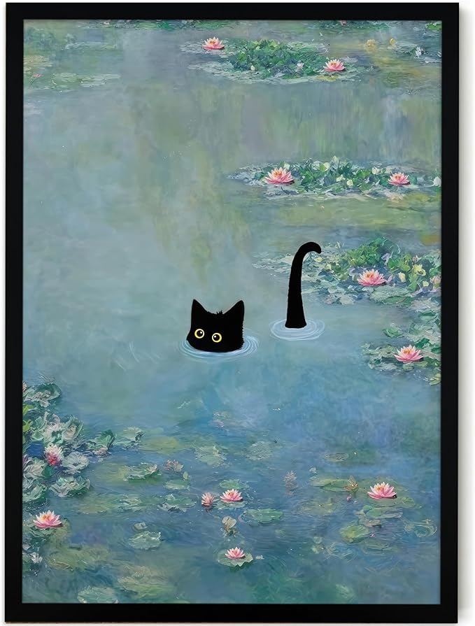 Fantasy Artists Monet Water Lilies Cat Wall Art, Framed Vintage Canvas Art Wall by Unknown
