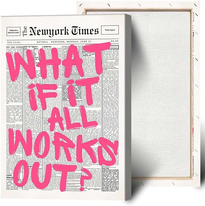 Drimiler Retro Newspaper Pink Font Poster What If It All Works Out Canvas Wall by Drimiler