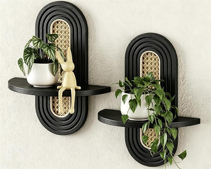 Floating Shelves for Wall, Boho Home Wall Decor, Rattan Plant Shelf Set of 2 by Hongsane
