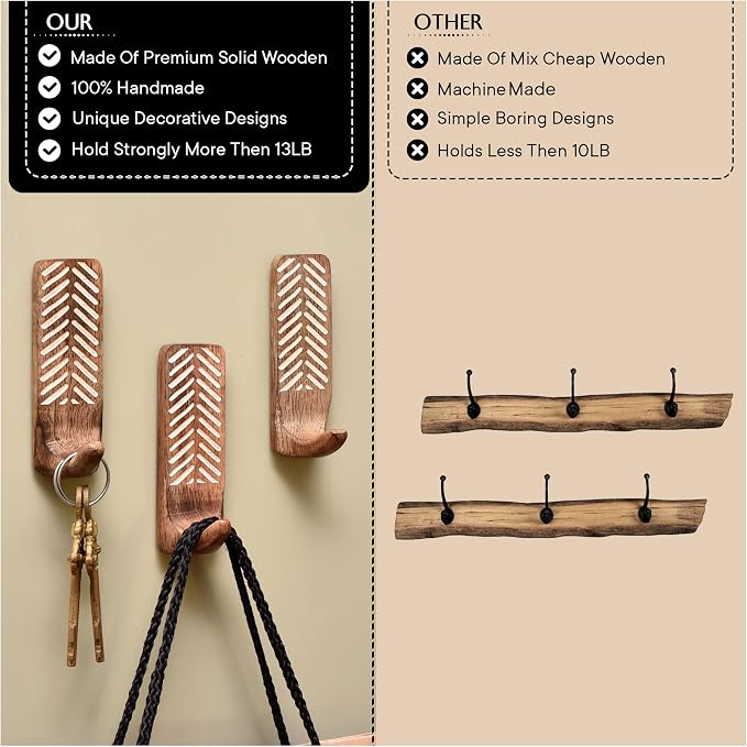 IndianShelf 10 LB- 12 Pieces Decorative Wood Adhesive Wall Hooks–Boho Peel and - Image 4